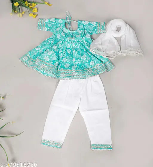 Sky Blue Spack Jerrow Pure Cotton Printed Kurti Pyjami with Dupatta Set for Baby Girls - Indian-made, comfortable, above knee length, three-quarter sleeves, 12-5 years sizes available