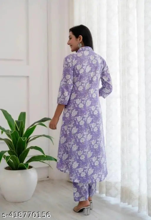 Purple floral print rayon kurta set with matching palazzos, features button detailing and A-line silhouette