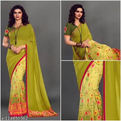 Yellow, chiffon, floral print Georgette saree