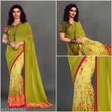 Yellow, chiffon, floral print Georgette saree
