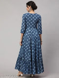 Women's blue cotton long-sleeved embroidery dress with ethnic design, 3/4 sleeves