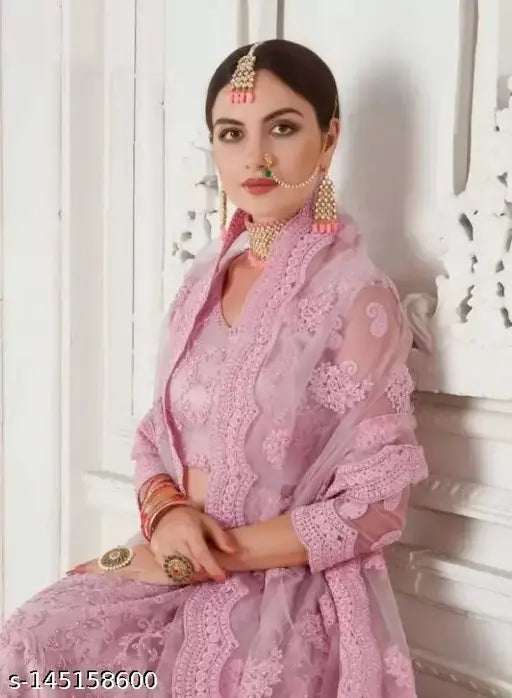 Embroidered net lehenga set, free size, Indian crafted graceful women's top & dupatta