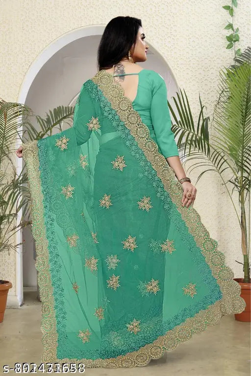 Net green embroidered saree & blouse, Indian heavy butterfly net with embellishments