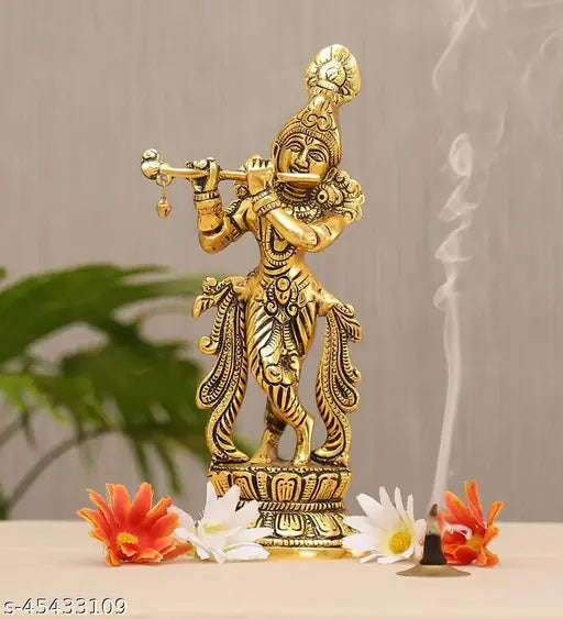 Gold-plated Indian Krishna idol playing Bansuri, 6cm x 10cm x 22.5cm showpiece by EtsiBitsi 008