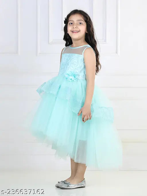 Sky blue net dress with toy balloon design, suitable for party wear for kids aged 1-4 years