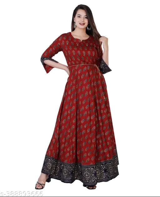 Marron rayon anrakali kurta with umbrella cut, gold print & blue border, three-quarter sleeves for parties, festivals, office use - Made in India