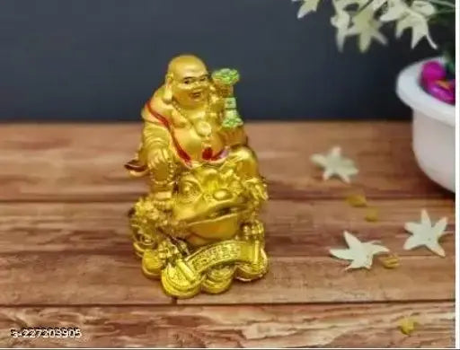 Gold-plated laughing Buddha statue on frog, handcrafted polyresin decorative showpiece - Vastu compliant, 7cm tall