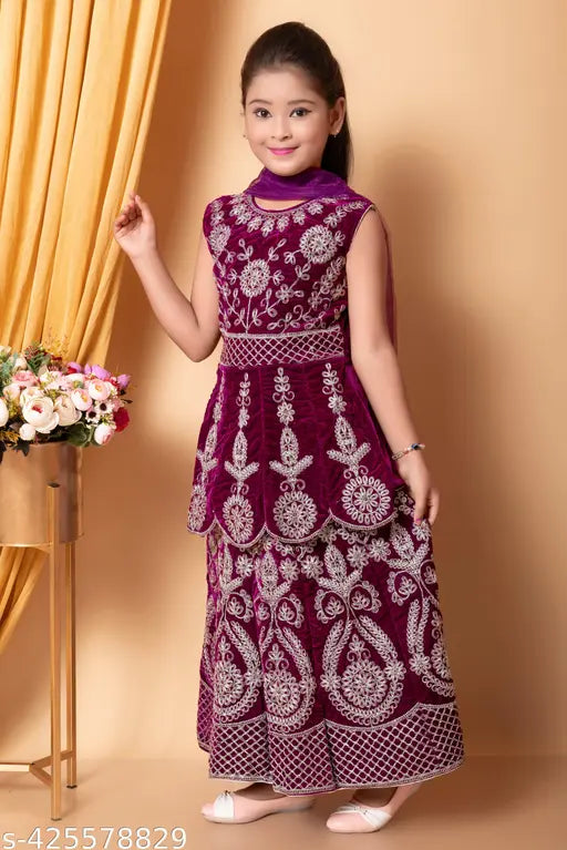 Velvet and acrylic embroidered lehenga with long sleeves and abstract stitch pattern, 2-3 years size. Indian handcrafted traditional clothing on display