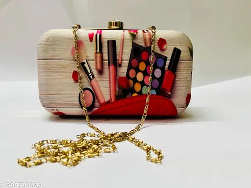 Women's party clutch purse, fabric with cosmetic items and lipstick design