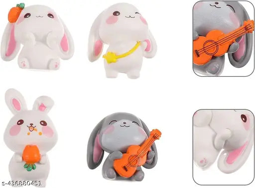Multi-colored rabbit figurines (set of 4), small & durable poly resin, perfect for unique home/office decor or gifts