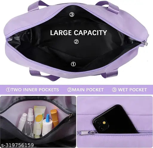 A purple travel bag with a zip closure, multiple pockets, and suitable for carrying large capacity, featuring two inner pockets, main pocket, and a wet pocket. #viyaro #foldingbag #travelbag #shoulderbag #shoppingbag #womenluggage #wetpocket