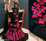 Embroidered super net saree with running blouse, heavy floral moti work and big border lace, Indian handcraft