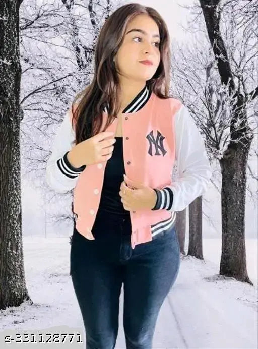 Peach wool kids' full sleeve solid NY jacket, long sleeves, printed pattern. Size: 8-9 years, India origin