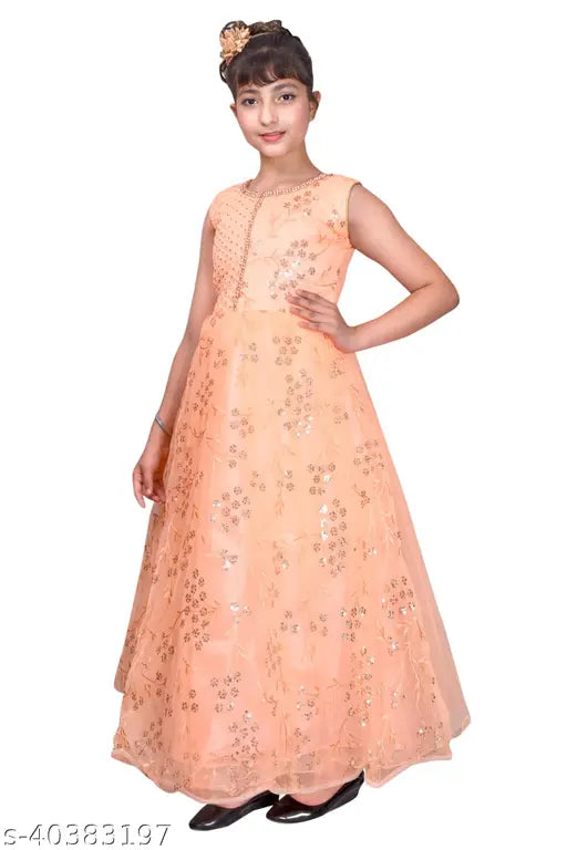 Light orange chiffon party gown dress for girls with puff sleeves and embroidered waistband