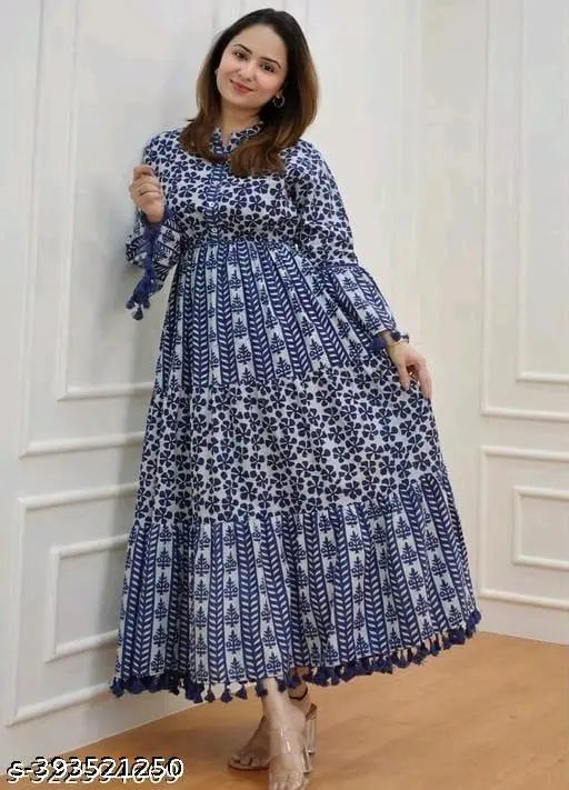 Women's rayon Anarkali kurti with pom pom work, printed long-sleeve style. Single size options: M, L, XL, XXL, XXXL, 4XL (size details provided). Handcrafted Indian traditional wear