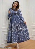 Women's rayon Anarkali kurti with pom pom work, printed long-sleeve style. Single size options: M, L, XL, XXL, XXXL, 4XL (size details provided). Handcrafted Indian traditional wear