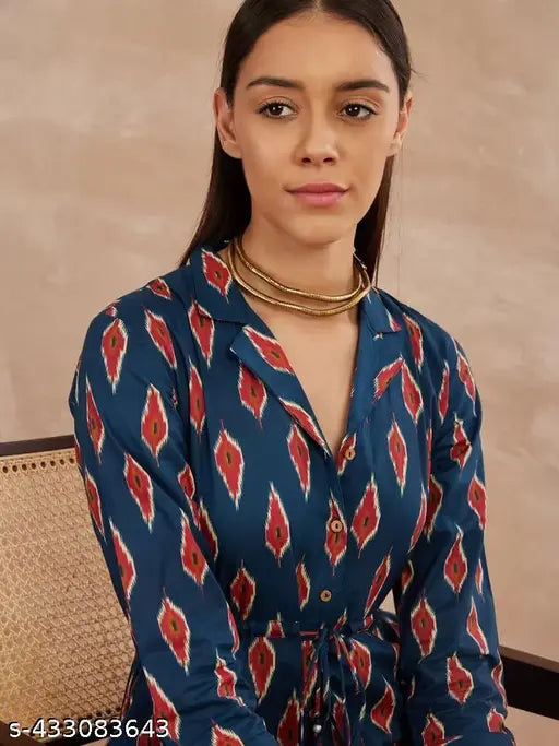 Blue Maroon printed rayon jumpsuit, casual wear for women with short sleeves, layering options, India origin