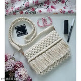 Macrame handmade ladies' shoulder bag, cream woven with natural beige details, crossbody strap, gift for women