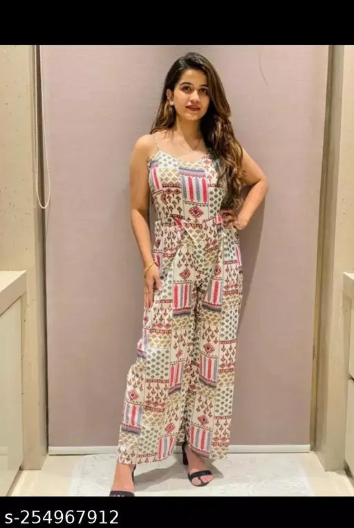 Printed polycotton sleeveless delta jumpsuit in white, women's fashion style on model
