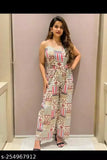 Printed polycotton sleeveless delta jumpsuit in white, women's fashion style on model
