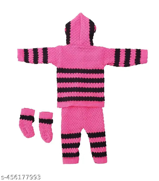 Dark pink and black woolen baby dress with long sleeves, self-design pattern. [Size: 0-6 months] Made in India