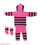 Dark pink and black woolen baby dress with long sleeves, self-design pattern. [Size: 0-6 months] Made in India