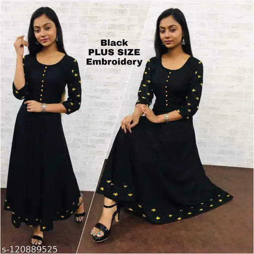 Plus-size rayon slub gown, embroidered sleeves, ghera pattern. Three-quarter sleeves, Indian ethnic wear for parties