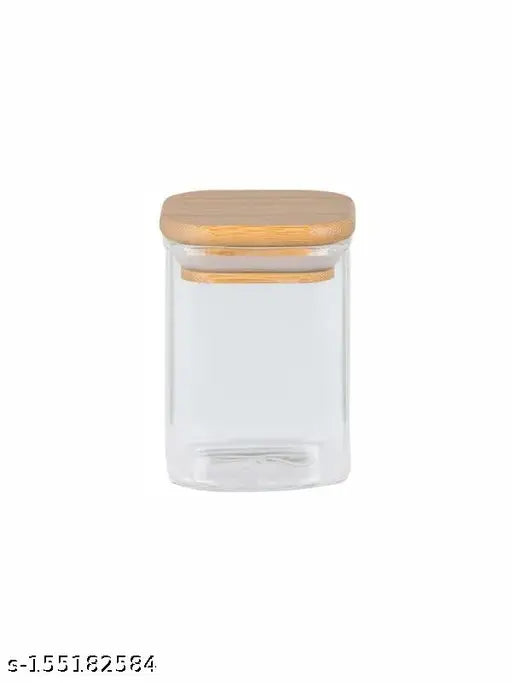 VRS MALL 240 ml Square Spice Storage Containers With Bamboo Airtight Lid Thicken Small wooden Glass canister for Food Storage Kitchen Seasoning,storing masala,Coffee Bean, Tea, Suger, Herbs (6 pcs)