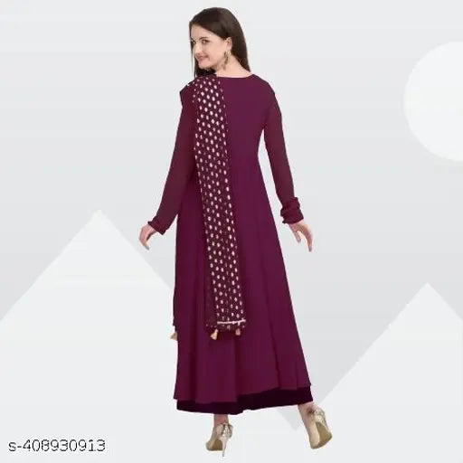 Purple Plus American Crepe Women's Kurta Dupatta Set, solid pattern, full sleeve, round neck, XS to 5XL sizes available