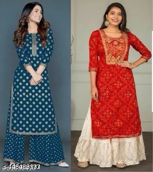 Gold and red rayon kameez with matching churi, for women's ethnic wear