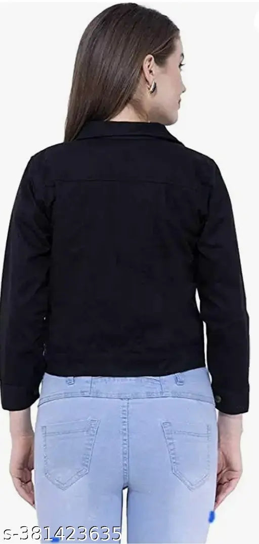 Women's black denim three-quarter sleeve jacket, solid pattern, sizes S-XL