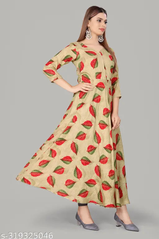 Leaf print flared rayon Kurta, long Anarkali design with heart neck lace border, plus size in various options including M (38in bust), 5XL (50in bust), 8XL (56in bust), 9XL (58in bust)