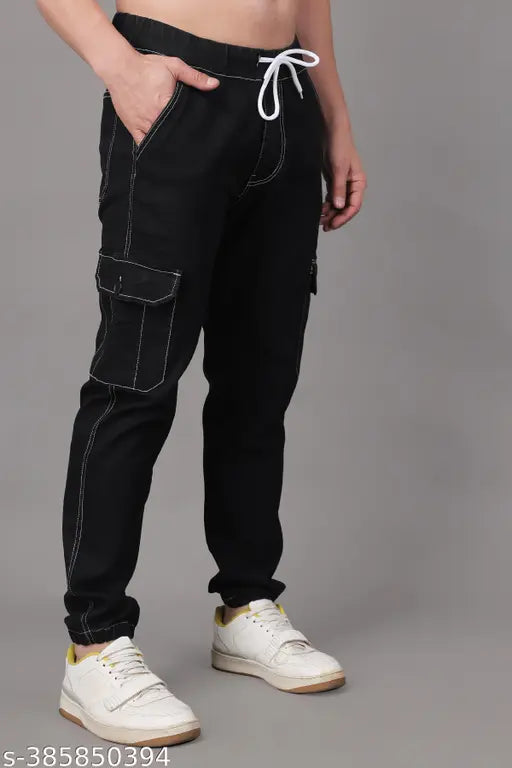 Black cotton blend jogger jeans for men by Zaysh, branded with a 06 pocket design on display
