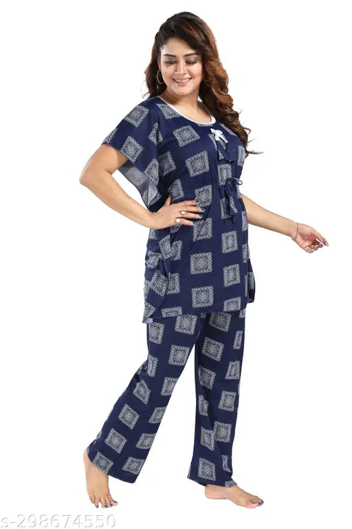Indian-made women's polyester nightsuit with drawstring, featuring printed net design, perfect for XL or XXL sizes