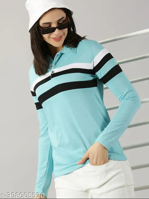 Aqua Blue cotton blend polo t-shirt for women, full sleeve and printed design, casual fashion wear for various outfits