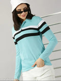 Aqua Blue cotton blend polo t-shirt for women, full sleeve and printed design, casual fashion wear for various outfits
