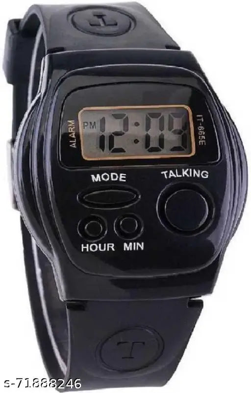 Black sports watch with digital display, English voice, talking feature and button controls