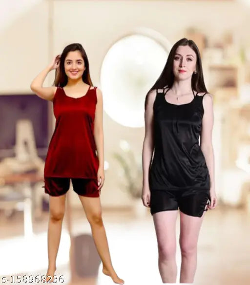 Black and maroon satin nightsuit set for women, above-knee top and shorts, sleeveless, trendy fashionable with free sizes from 28-36 inches
