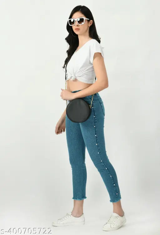 Stretchable premium denim side pearl blue jogger jeans, baggy style. Plus size xl2xl 3xl 4xl, mid waist, for girls, party or regular wear. Slim fit, regular jeans