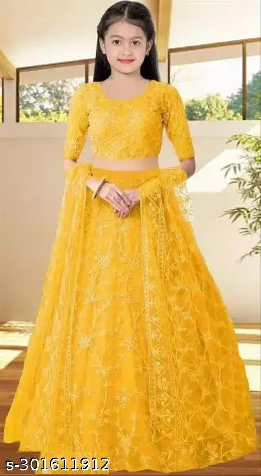 Embroidered net lehenga choli set, free size, suitable for 3-15 years, vibrant colors, Indian ethnic wear