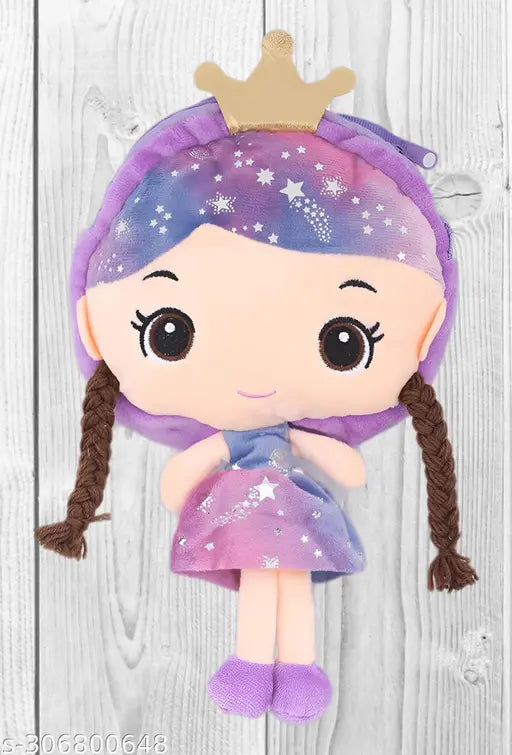 A girl's plush doll crossbody purse, purple with star pattern, 41cm long, soft plush material, zipper closure
