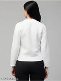 White wool vneck side zip jacket with long sleeves, solid pattern, ideal for women/girls, made in India