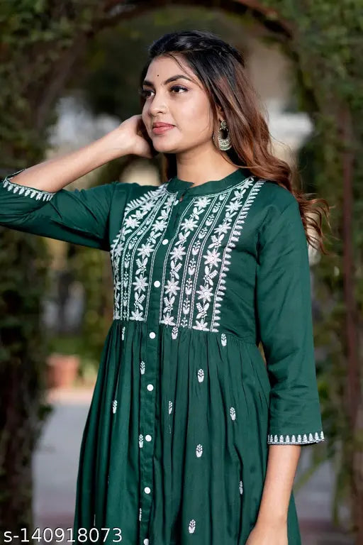 Green rayon printed cotton kurti for women, three-quarter sleeves with embroidery, hot and attractive style, India origin
