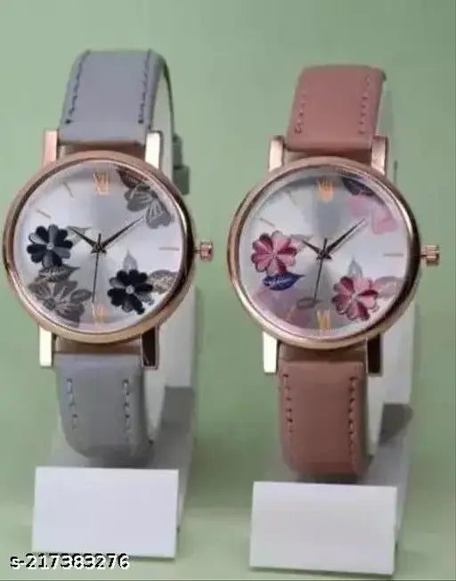 Pink and gray analog watches with flower patterns for women's casual and party wear