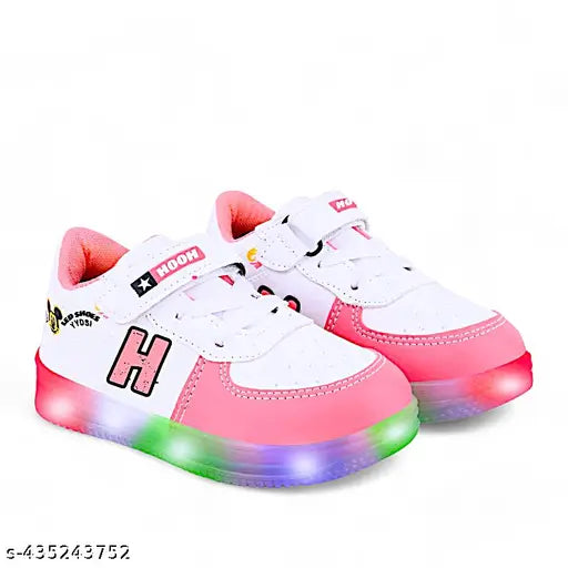 White sneakers with glowing led lights on soles, waterproof, lightweight, easy to wear shoes for kids, boys and girls