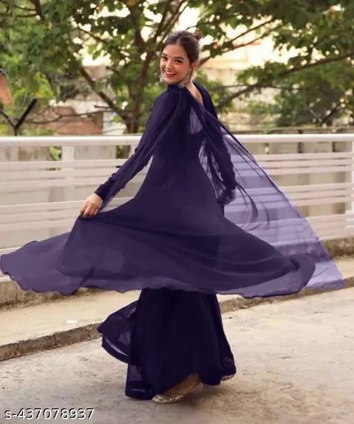 Ethereal Georgette Gown Palazzo & Dupatta Ensemble, Indian silk georgette, long sleeve, solid pattern