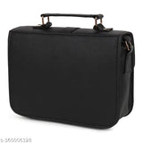 Black leather women's slingbag with adjustable strap and multiple pockets