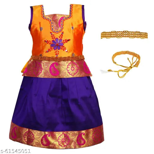 Embroidered Chanderi silk lehenga and choli with pavadi, Indian Ethnic South Style, traditional for 6-12 months