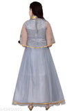 Blue, full-length party dress with a back slit and a long train