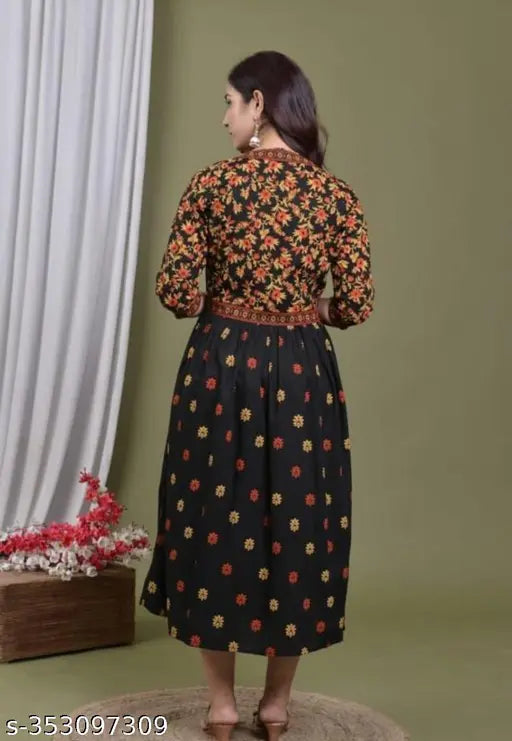 Elegant Georgette Black & Red Floral Print Rayon Kurti - Perfect for Diwali, Navratri, and Traditional Parties